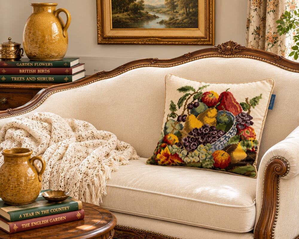 Vintage Williamsburg Needlepoint Pillow Fruit Basket Tapestry Cottage Decor 13”
